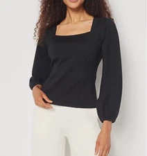 GIRLS WITH CURVES Black Ponte Square Neck Blouse Knit Top Blouson Sleeve Size XL