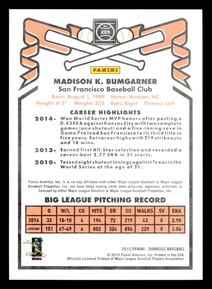 2015 Donruss #205 Madison Bumgarner 1981 Edition Press Proof Bronze #/299 - Image 2 of 2