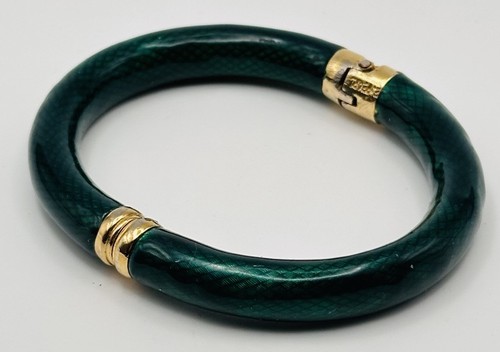 Erwin Pearl Bracelet Bangle Guilloche Enamel Hinged Forest Green Gold - Picture 2 of 3