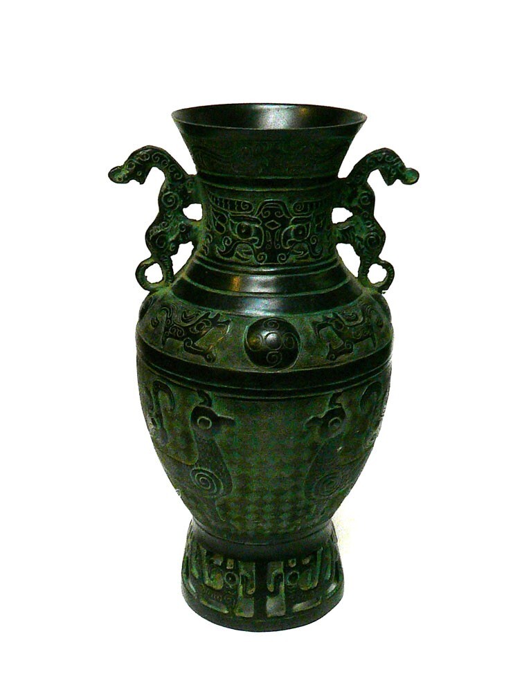 Chinese Old Dynasty Green Bronze Dragons and Birds Pattern Ceremonial Vase cs1048S Chinese Old Dynasty Green Bronze Dragons and Birds Pattern Ceremonial Vase cs1048S