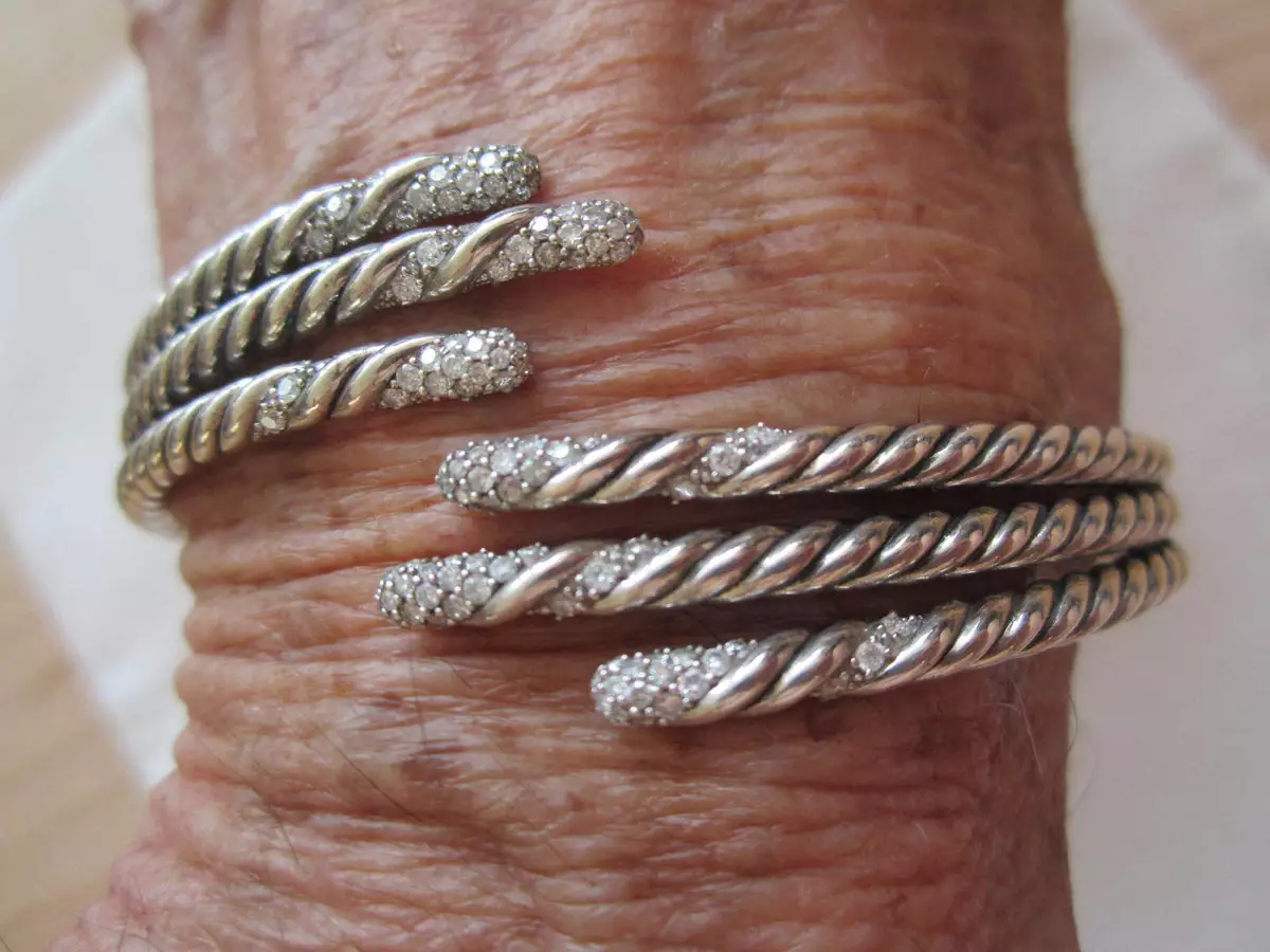 David Yurman 3 Row Diamond Willow Sterling Hinge Bracelet 7
