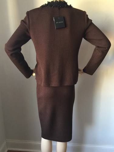 NUEVO CON ETIQUETAS St John Tejido Traje Falda Chaqueta Talla 12 Marrón y Negro Lana Rayón - Imagen 5 de 7