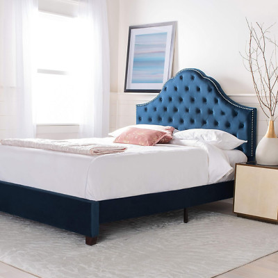 Contemporary Navy Velvet Queen Bed by Home Beckham - Stylish & Cozy Design