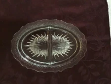 Vintage Jeannette Glass Clear Sunburst "HERRINGBONE" DIVIDED OVAL RELISH DISH
