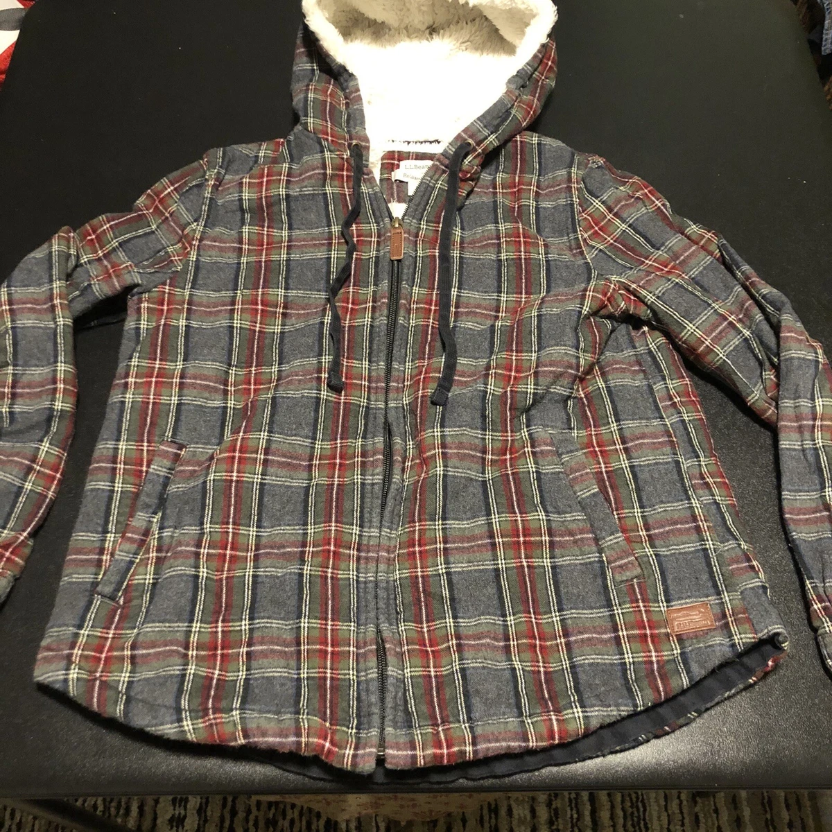 LL Bean Scotch Plaid Sherpa Lined Flannel Full Zip Hoodie Sweatshirt  Shacket XS | eBay
