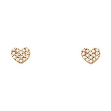 Real 14k Yellow Gold Pave CZ Heart Plain Screw Back Stud Earrings Womens Girls