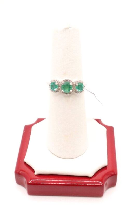 Sterling Silver 925 Emerald & Cubic Zirconia Trilogy Cocktail Ring, Size 7