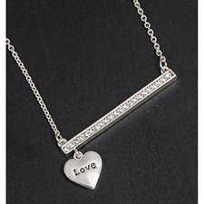 LOVE HEART NECKLACE IN GIFT BOX DIAMANTE BAR WITH LOVE MESSAGE ON A SILVER CHAIN