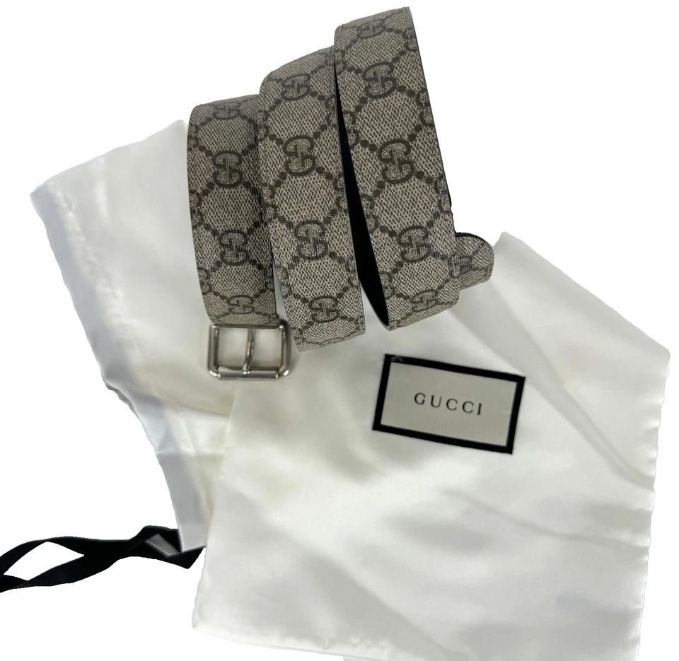 Gucci Hombres Auténtico 40 en 100 cm Marrón Lona Cuero GG Cinturón Tono Plateado Hebilla Bolso Foto 3 de 4