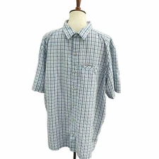 Columbia Shirt Plaid Pocket Short Sleeve Mid Weight Travel Blue White