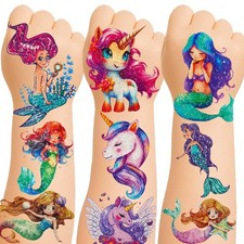 150 Glitter Temporary Tattoos for Kids - Mermaid Unicorn Sheet,