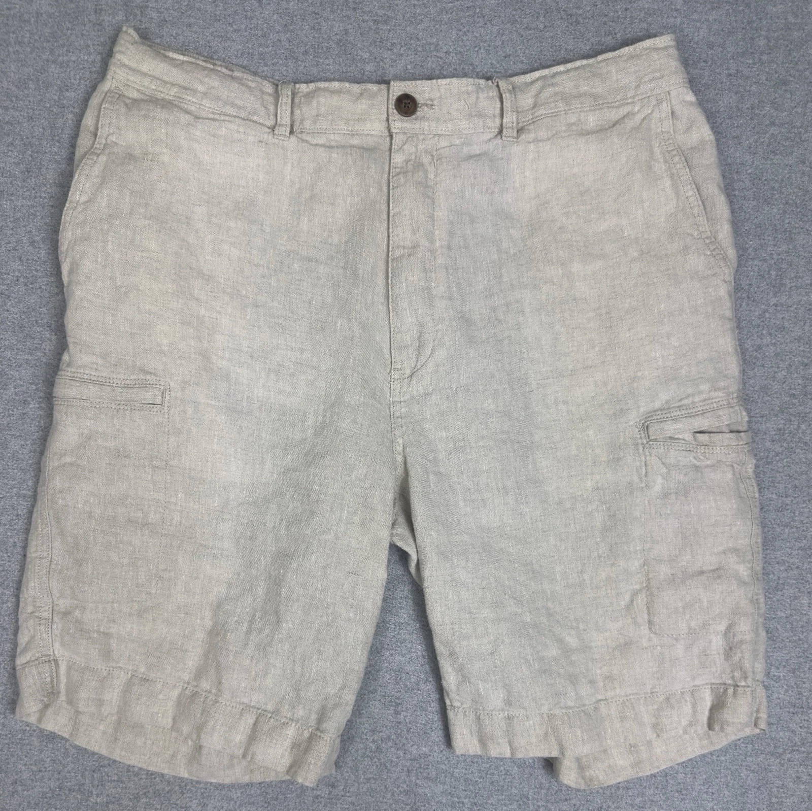 Caribbean Shorts Mens 40 Beige 100% Linen 10" Cargo Elastic Waist Casual Preppy