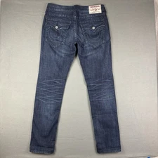 True Religion Jeans Men's 33 (Fits 35x34) Skinny Flap Pockets Blue Embroidered