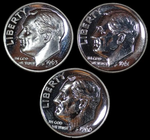 x3 1960-1963 Proof Silver Roosevelt 10C Dimes -  Choice Proof PF Coins - SKU#684