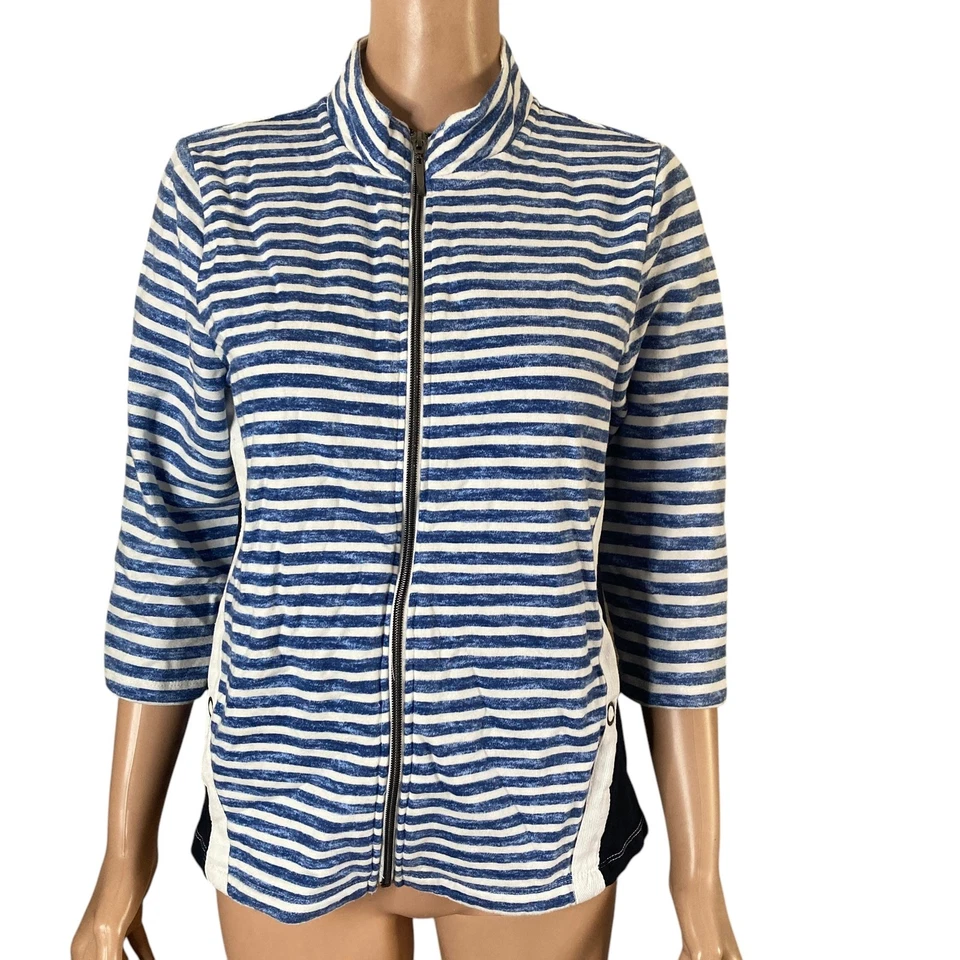 Onque Casuals Jacket Womens Petite Large Full Zip Blue White Striped Stretch - Image 3 of 4
