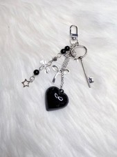 Black Heart Bag Charm Key Ring Fob Keychain Purse Lucky Charm Y2K Silver Bow New