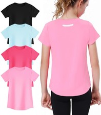 EXARUS 4 Pack Girls Athletic Shirts Quick Dry Short Sleeve Tshirts Crewneck T...