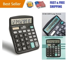Sleek Black Desk Calculator - 12 Digits, Rechargeable Solar & Battery Operation