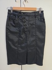 SASS AND BIDE Black Denim Stretchy Pencil Midi Skirt  Asymmetrical Button Sz 40