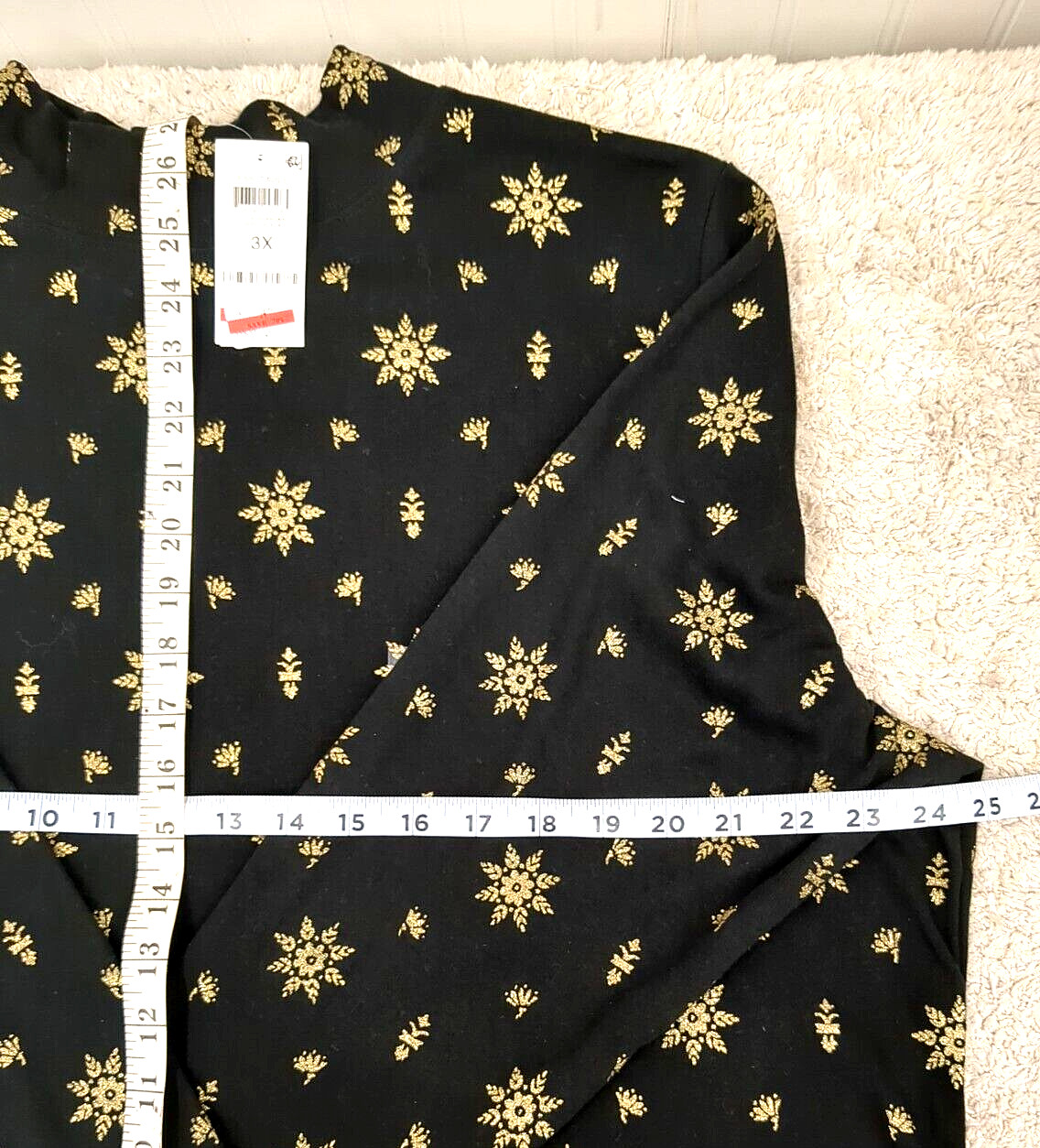 Karen Scott Snowflake Mock Neck Top, Black & Gold Sz 3X