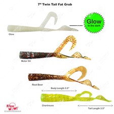7" (with tail extended) Twin Tail Perch Grub Root Beer Chartreuse Motor Oil Glow