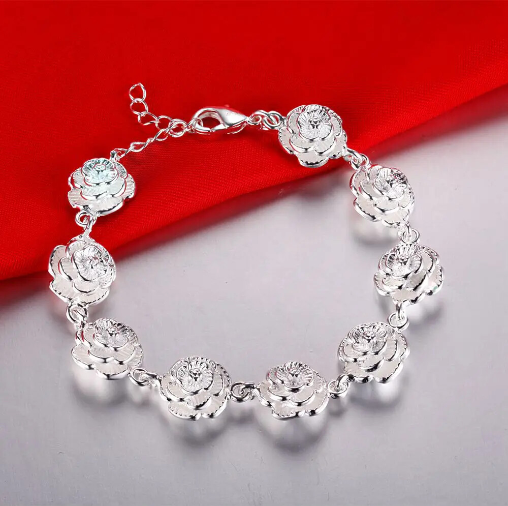 925 Sterling Silver Rose Flower Chain Bracelet For Women