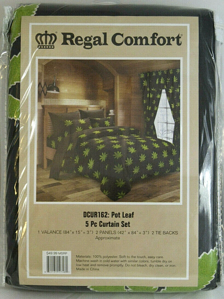NUEVO JUEGO DE CORTINAS HOJA DE MARIHUANA 5 PIEZAS CON PANELES, TIRANTES Y CENEFA  Foto 2 de 3