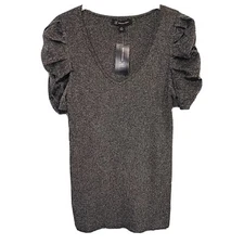 INC International Concepts Black Metallic V-Neck Top Puff Sleeves Size Medium 
