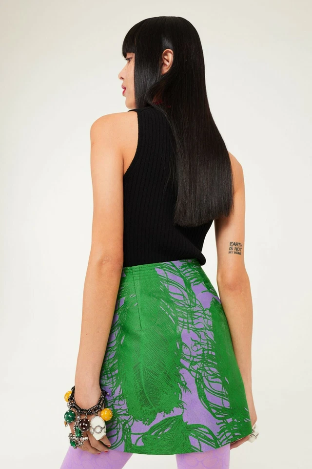 H&M X IRIS APFEL GREEN PURPLE JACQUARD WEAVE MINI SKIRT UK 18 EU 46 US 14 L BNWT - Image 3 of 4
