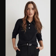 Madewell NEW NWT Womens Large Black Variegated Rib Boxy Polo Shirt Long Sleeve
