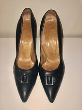 VTG 50'S JOSEPH PIN-UP GLAM  NAVY BLUE LEATHER BUCKLE POINTY TOE PUMP HEELS 7.5