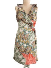 Tommy Hilfiger Womens Dress Muliticolor Paisley Wrap V Neck Tie Waist Medium  ✅ 