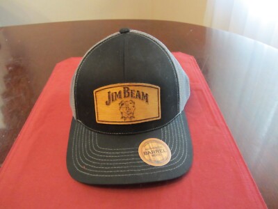 Jim Beam Hat Cap Whiskey Bourbon Snapback Mesh Black Gray Barrel Wood NEW