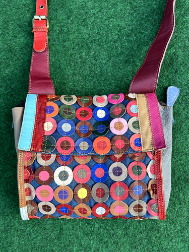 AmeriLeather Leather Patchwork Circles Crossbody Purse Bag