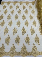 Gold Metallic Lace Fabric Corded Flower Embroider With Sequins On Mesh By Yard