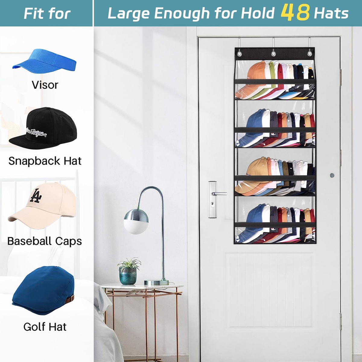 Hat Organizer For Baseball Caps - 4-Pack Storage Box Holds Up To 48 Hats, Collapsible Design With Handles, For Closet Or Bedroom (Light Gray)