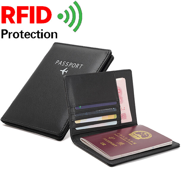 Slim RFID-Blocking Leather Passport Holder with Vaccination Card Slot - Black US Travel Protector-image