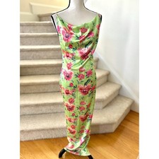 Pretty Little Thing Lime Green Pink Floral Satin Cowl Slip Dress