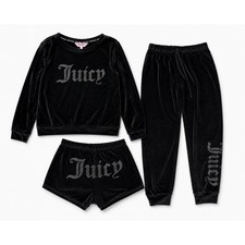 Juicy Couture Black Velour 3 Piece Lounge Set Rhinestone Logo Small