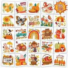 Konsait Fall Tattoos for Kids, 96Pcs Leaves Animal Pumpkin Temporary Tattoos,...