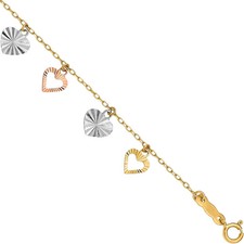 14K Solid Tri Color Gold Heart Charm Bracelet