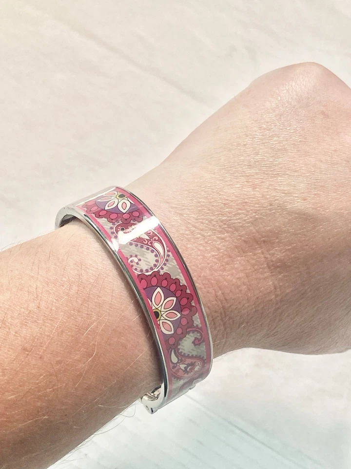 Vera Bradley Silver Tone Paisley Pattern Pink Enamel Bangle Bracelet Clamp 7.25” - Image 4 of 4