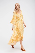 Free People Orange Floral Boho Island Life Dress Tassel Flowy Women Small Yellow