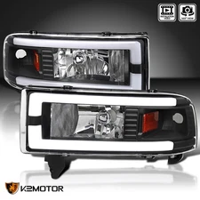 Fits 1994-2001 Dodge Ram 1500 2500 3500 Black LED Tube Headlights Left+Right