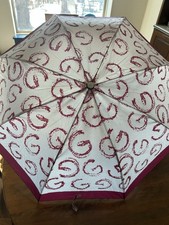Vintage Givenchy All Over Logo Burgundy Gray Folding Umbrella Wooden Handle