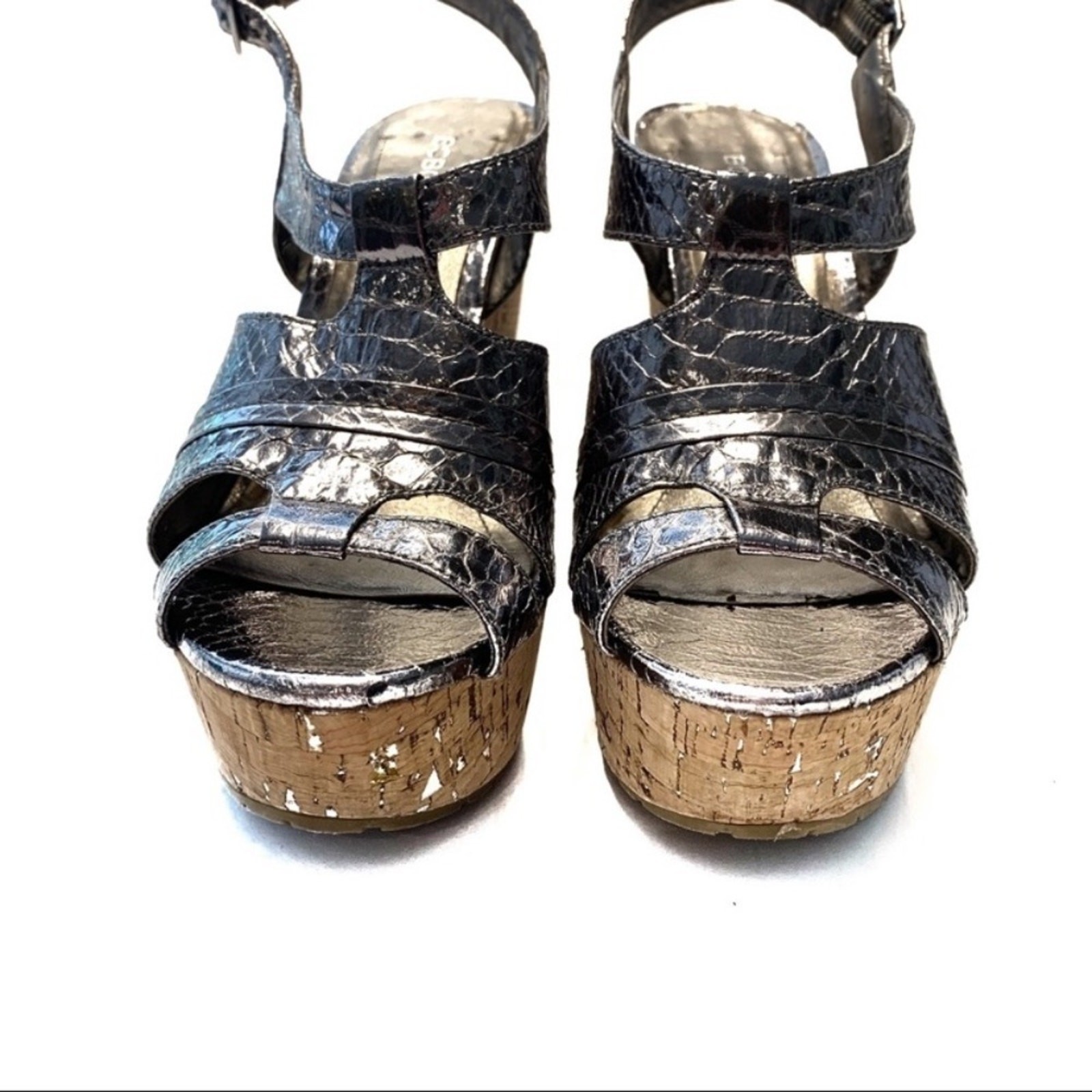BCBGeneration Edelle Cork Platform Silver Wedges 8 - image 3