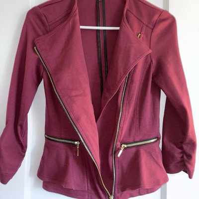 Women s Charlotte Russe Asymmetric Burgundy Zip Up Jacket SZ XS