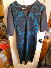 Connected Apparel Womens 6 Black Blue Floral Sheath Dress V-Neck 3/4 Zip
