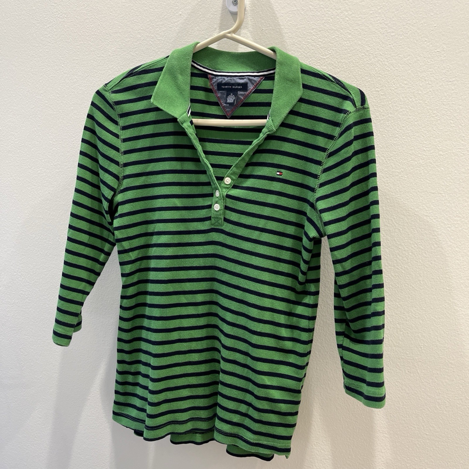 Tommy Hilfiger Womens Green Black Striped Polo Top Size M
