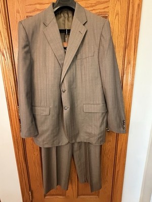 Hickey Freeman 46R Madison Brown Herringbone Wool Suit USA 36x40